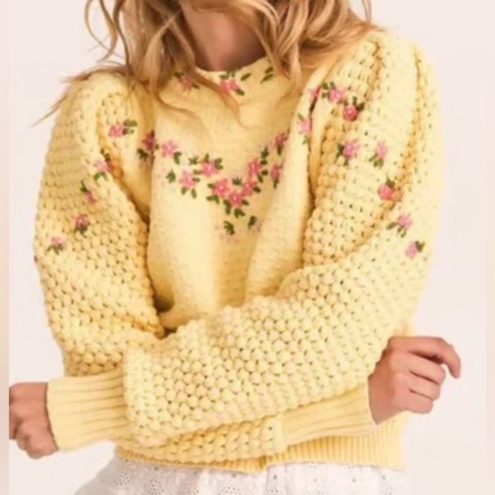LoveShackFancy Yellow Floral Knit Sweater